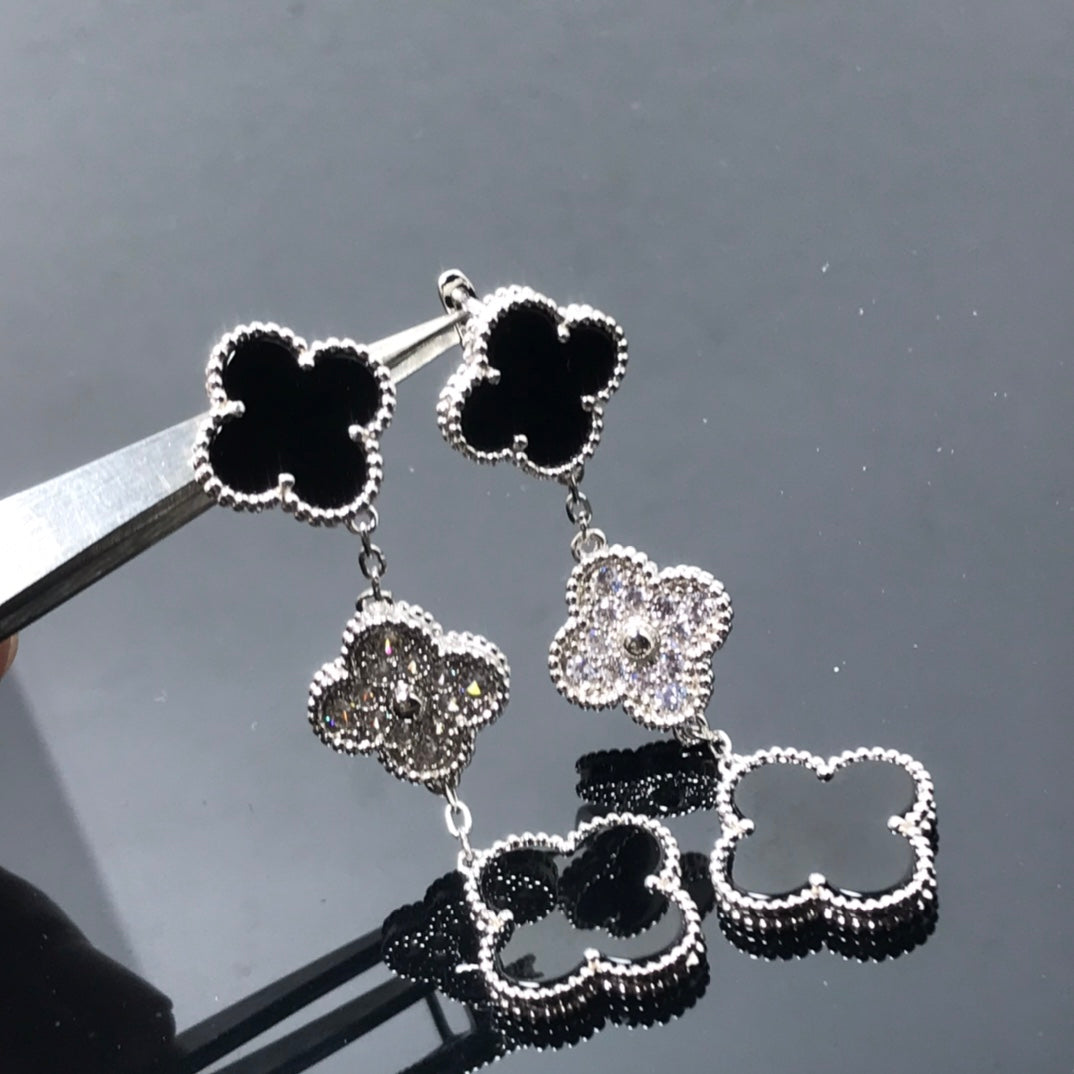 [Moco]CLOVER 3 MOTIV DIAMANT ONYX SILBER OHRRINGE