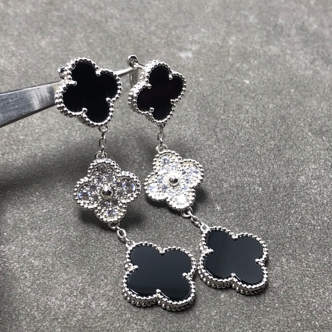 [Moco]CLOVER 3 MOTIV DIAMANT ONYX SILBER OHRRINGE