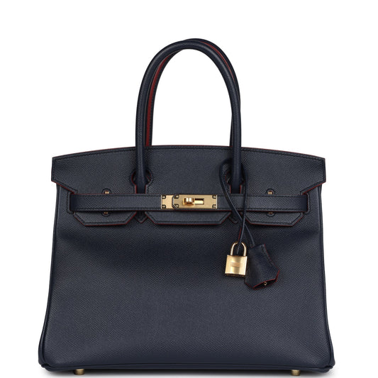 Hermes Birkin 30 Bleu Indigo and Rouge H Contour Epsom Gold Hardware