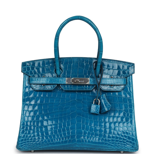 Hermes Birkin 30 Bleu Izmir Shiny Niloticus Crocodile Palladium Hardware