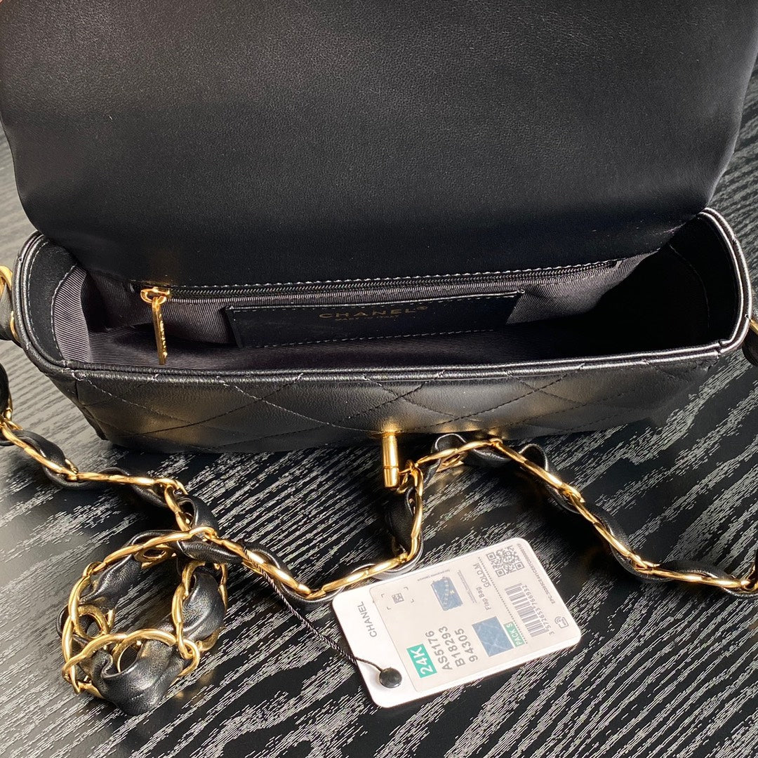CC 24K Mini Flap Bag 21cm Black Lambskin Gold Hardware