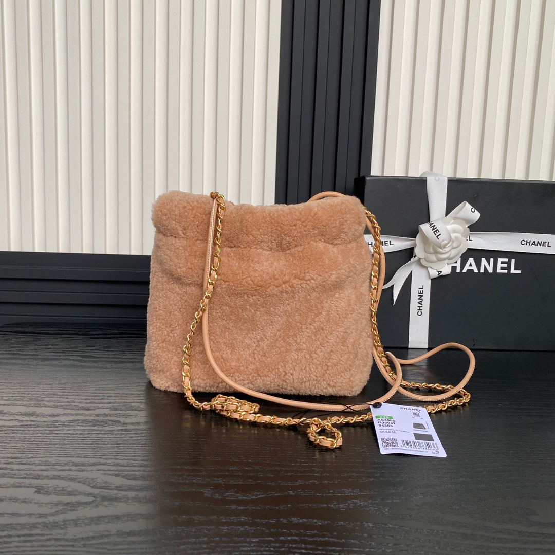 CC 24K Hobo 22 Bag 20cm Brown Wool Fur