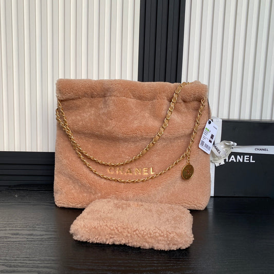 CC 24K Hobo 22 Bag 39cm Brown Wool Fur