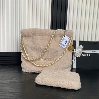 CC 24K Hobo 22 Bag 35cm Beige Wool Fur