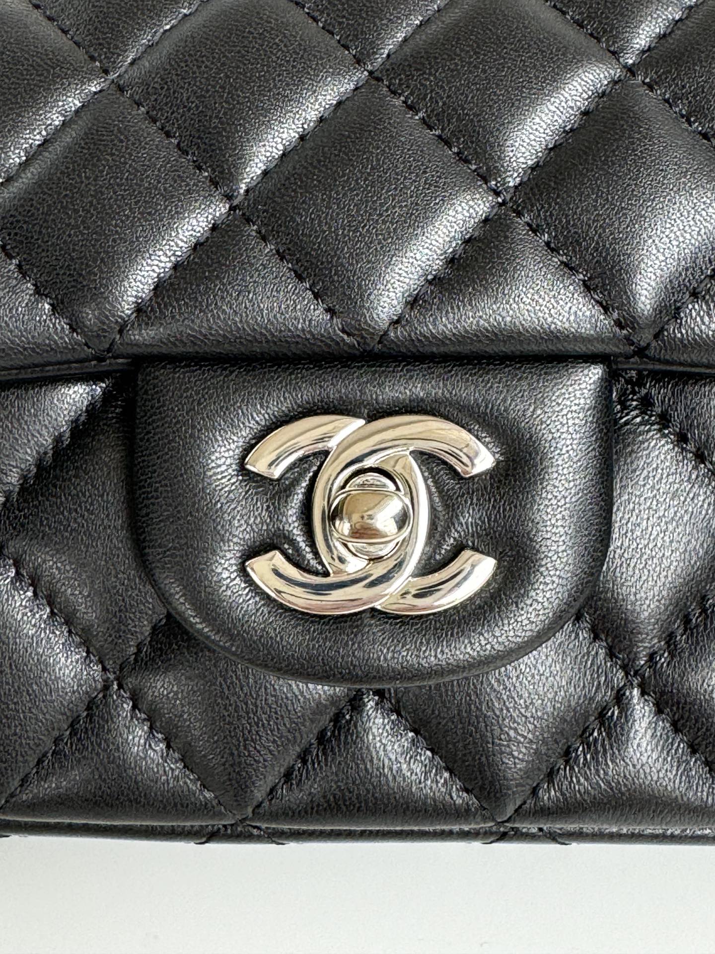 24c mini flap bag 20cm with top handle black calfskin silver hardware