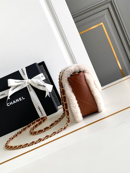 Flap Bag Mini 18cm White Brown Sherling Lambskin Gold Hardware